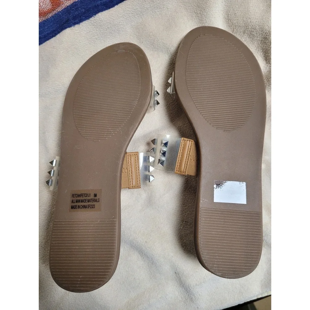 Madden Girl Punk Rock Clear StuddedSlide Sandals Tan Silver PyramidStuds Size 8M